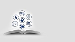 Aufgeschlagenes Buch mit blauen Icons zu den Dienstleistungen und Technologiefelder von DOK SYSTEME, die über dem Buch schweben.